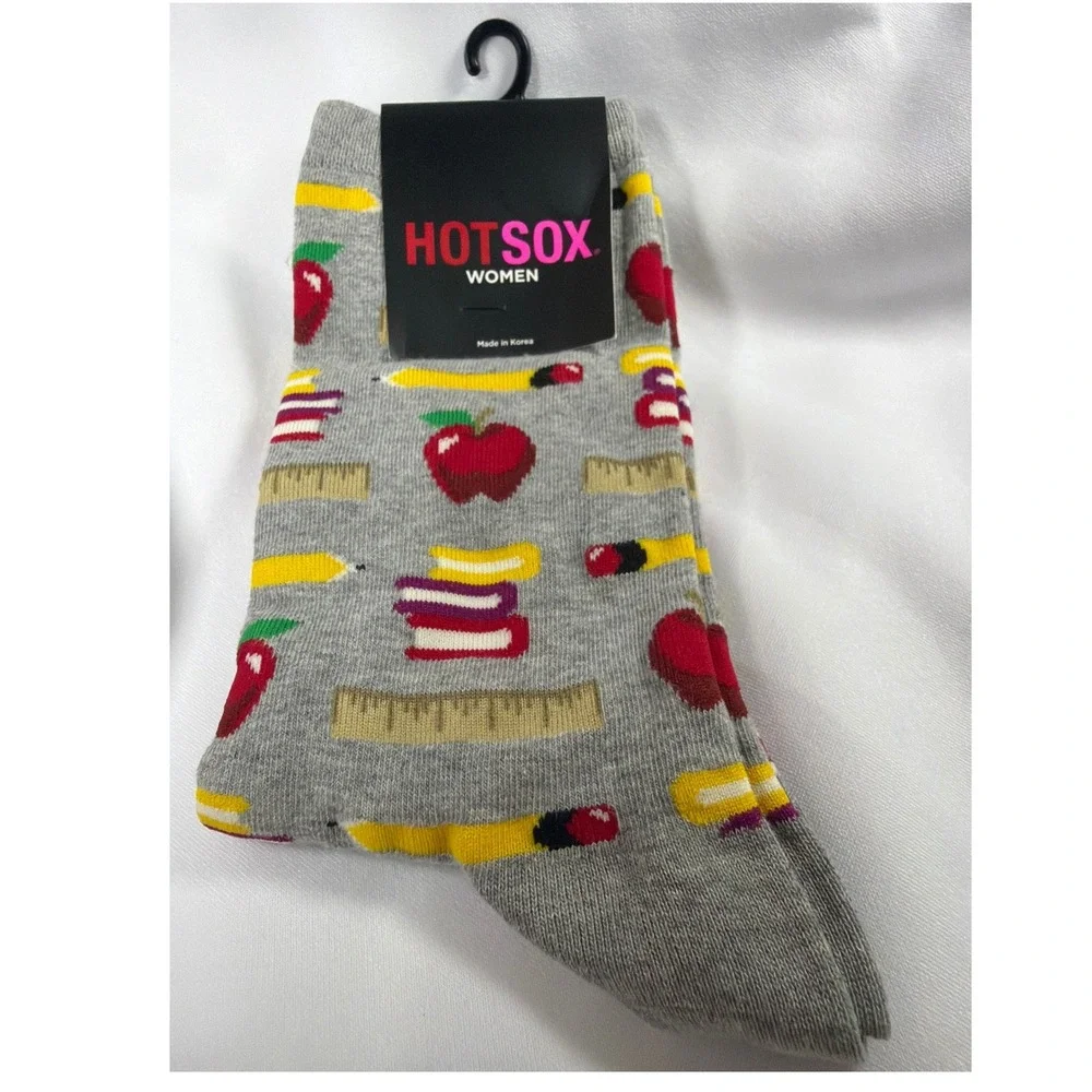 Hot Sox Back to School Novelty Crew Socks Womens 9-11 Gray Apple Pencil Teacher